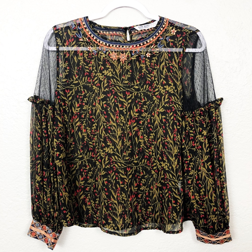 Zara Green Leaf Floral Top XS